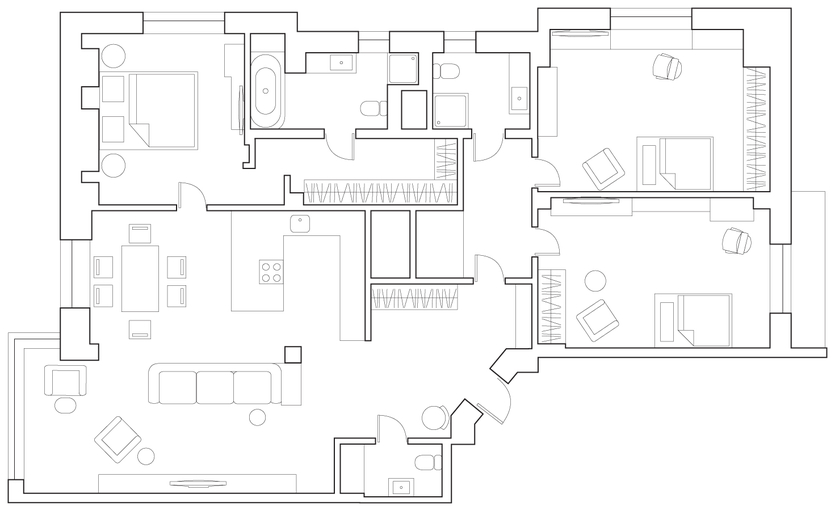 Семейный интерьер с просторной кухней-гостиной: квартира в новом ЖК