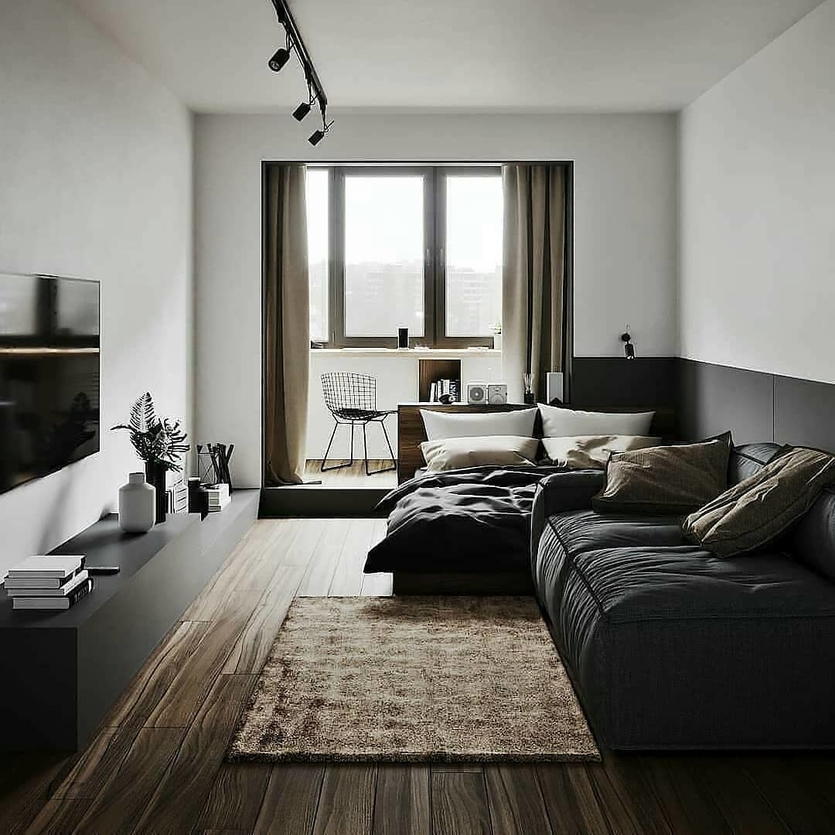 Дизайн спальни и гостиной в одной комнате. Фото интерьеров