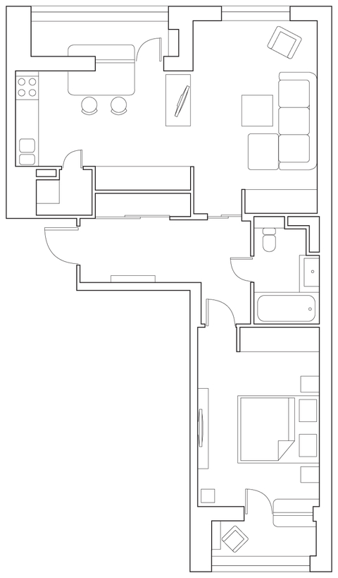 Квартира с белой мебелью, телевизором на потолке и скетч-панно в ванной