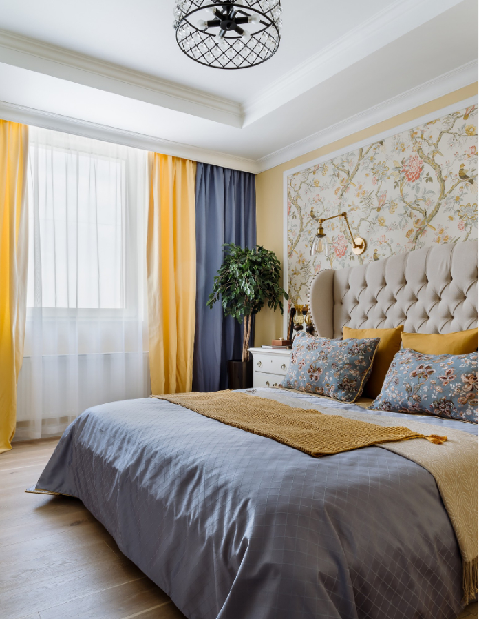 Желтые шторы в интерьере спальни фото дизайн