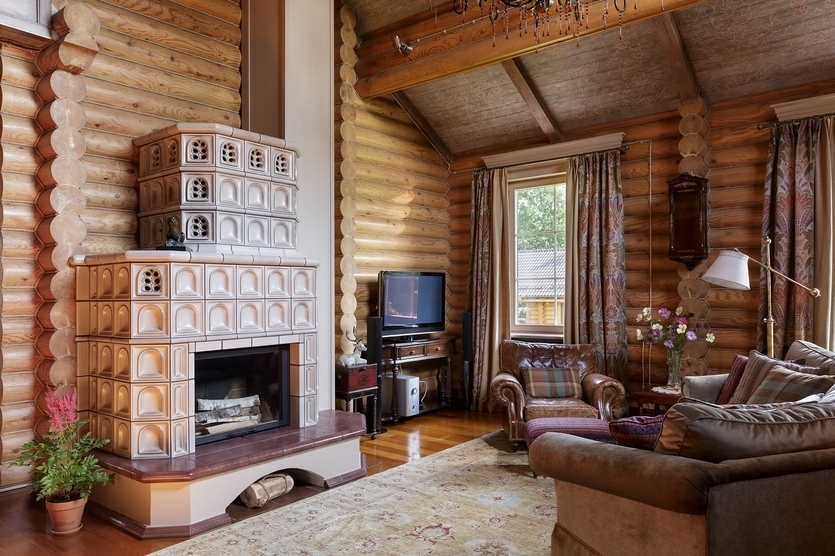 Дизайн гостиной в деревянном доме (54 фото)