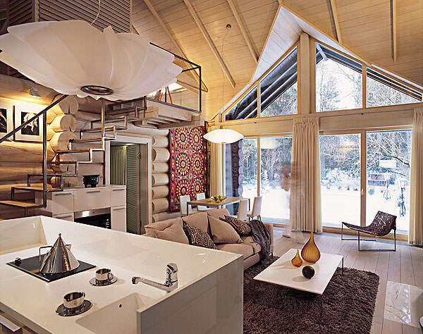 Дизайн интерьера дома из бруса или бревна в современном стиле