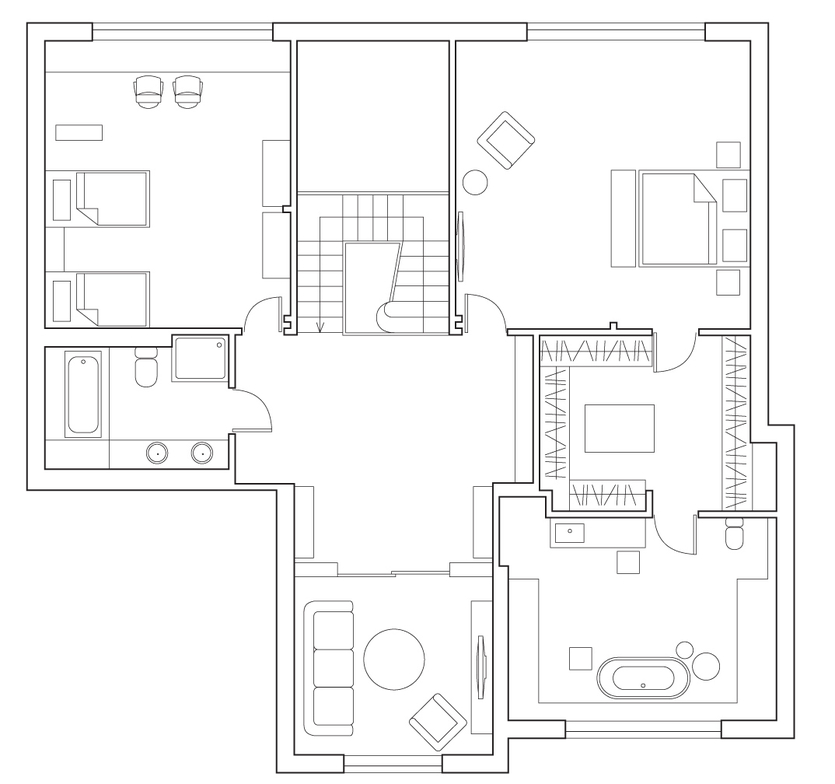 Интерьер дома с мансардой + планировки этажей с расстановкой мебели