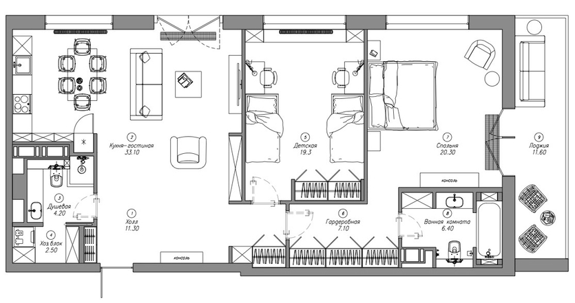 Американская классика в оттенках синего: интерьер квартиры 104 кв. м для семьи с двумя детьми 